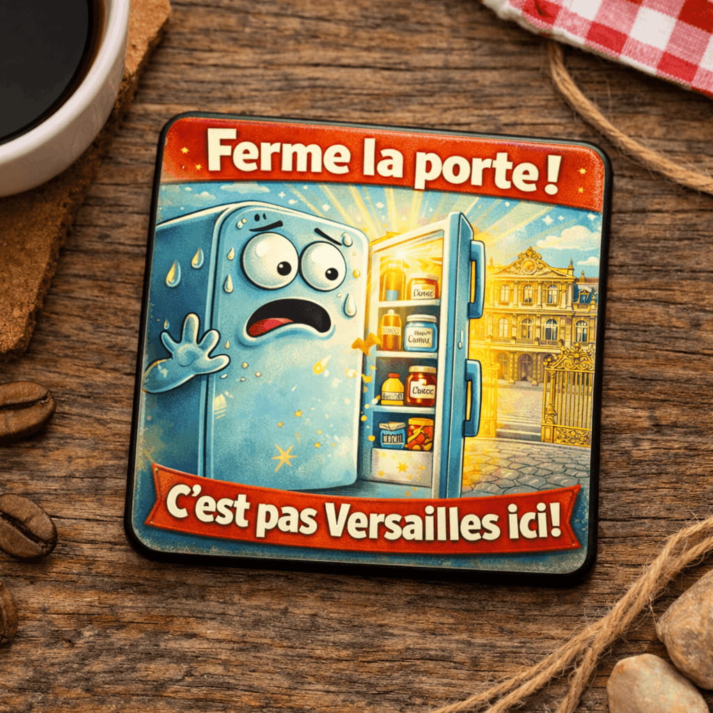 Magnet frigo 6×6 cm – “Ferme la porte, c’est pas Versailles ici” (humour)